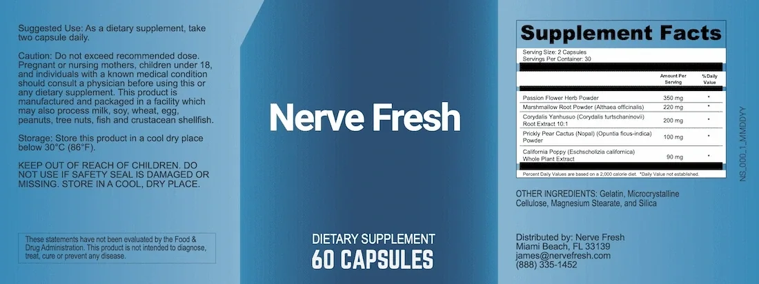 Nerve Fresh product label with Supplement Facts, directions and cautions